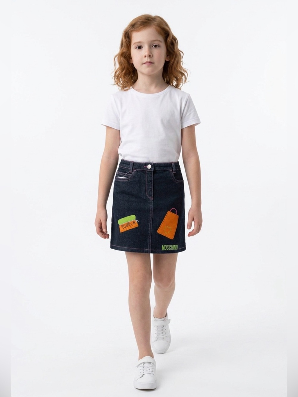 NWT Moschino Bambino Dark Blue Denim Skirt with Orange and Green Details 4A